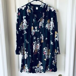 Babydoll Long Sleeve Print Pin-tuck Black Floral Dress